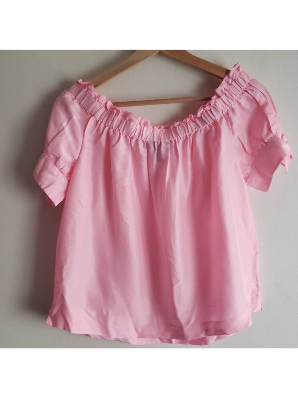 J Crew Pink Silk Blouse 8 Off-Shoulder Top w Bow Tied Sleeves - Picture 9 of 12